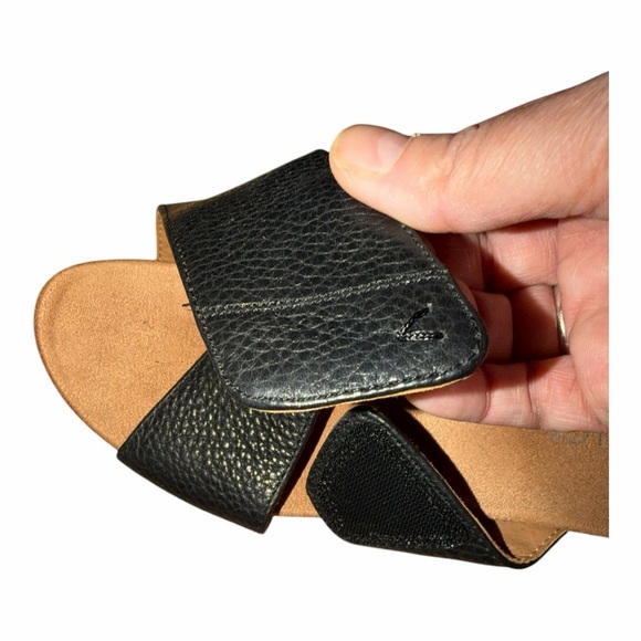 Vionic Black Leather Adjustable Cross-Strap Cork Heel Sandals with TanFootbed - Picture 3 of 14